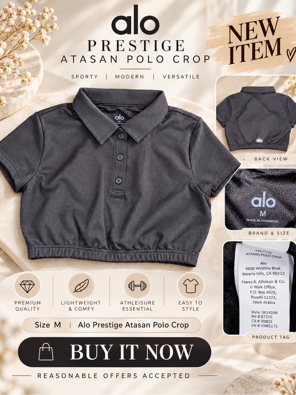 Alo Yoga Prestige Atasan Polo Crop Top Black Size M NEW